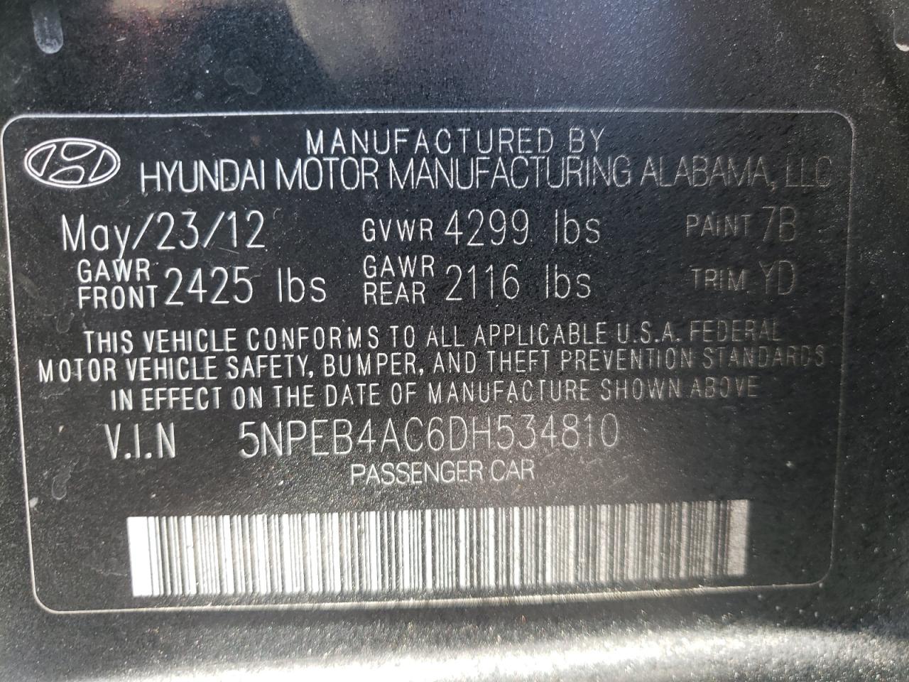 Photo 11 from auction – 2013 HYUNDAI SONATA GLS with VIN 5NPEB4AC6DH534810