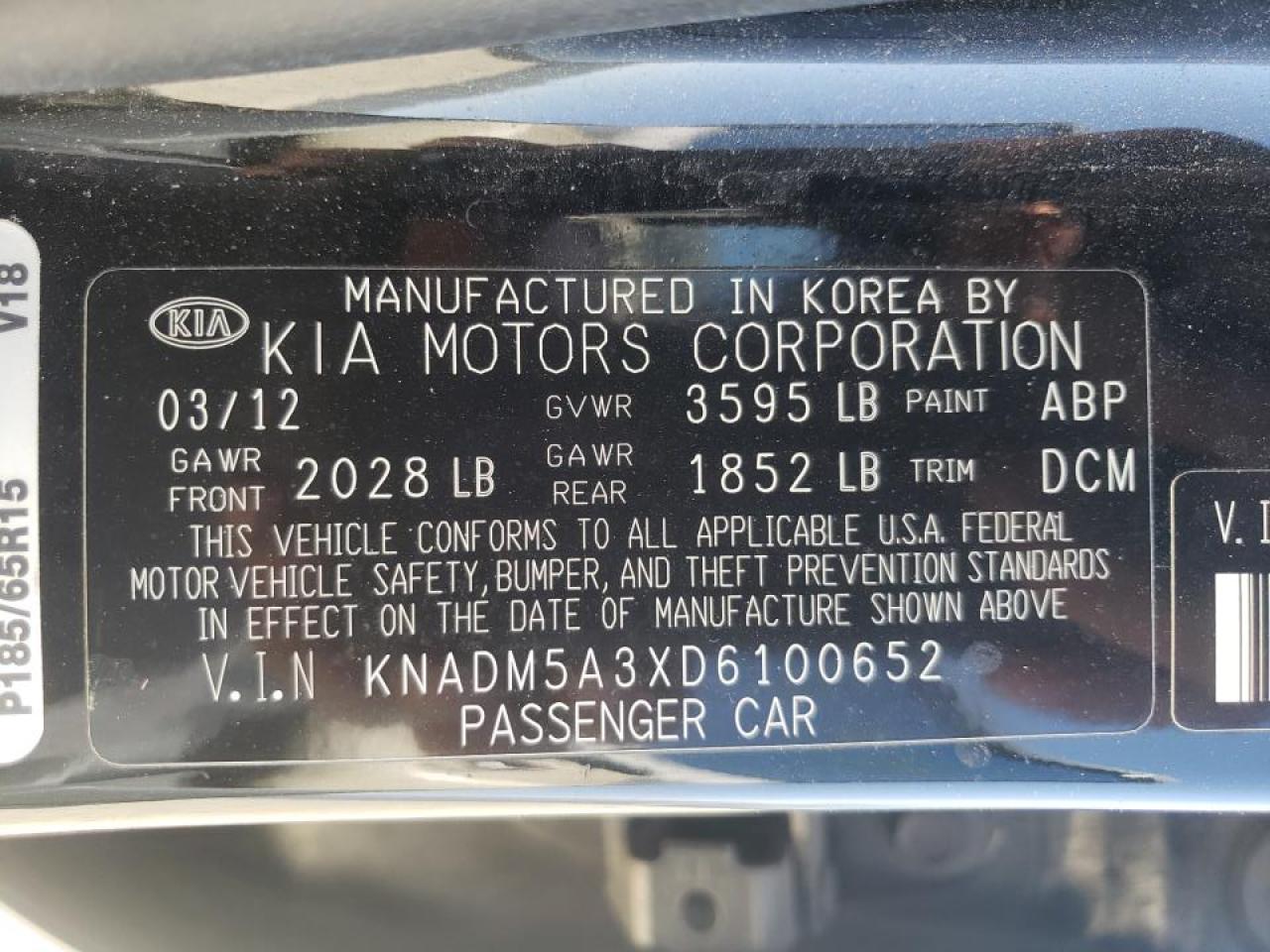 Photo 20 from auction – 2013 KIA RIO LX with VIN KNADM5A3XD6100652