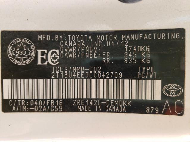 TOYOTA COROLLA BA 2012 with VIN 2T1BU4EE9CC842709 - Photo from auction