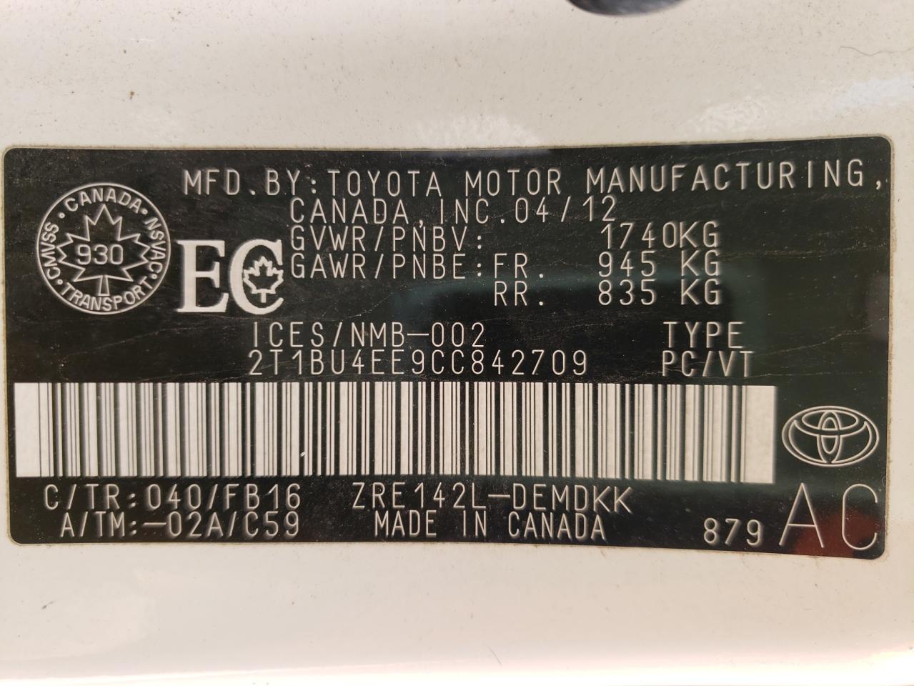 Photo 11 from auction – 2012 TOYOTA COROLLA BA with VIN 2T1BU4EE9CC842709