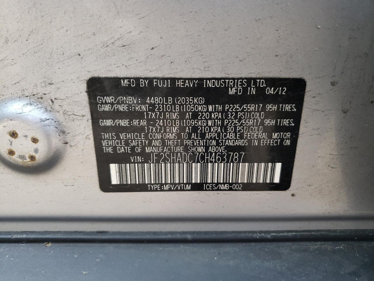 Photo 10 from auction – 2012 SUBARU FORESTER 2 with VIN JF2SHADC7CH463787