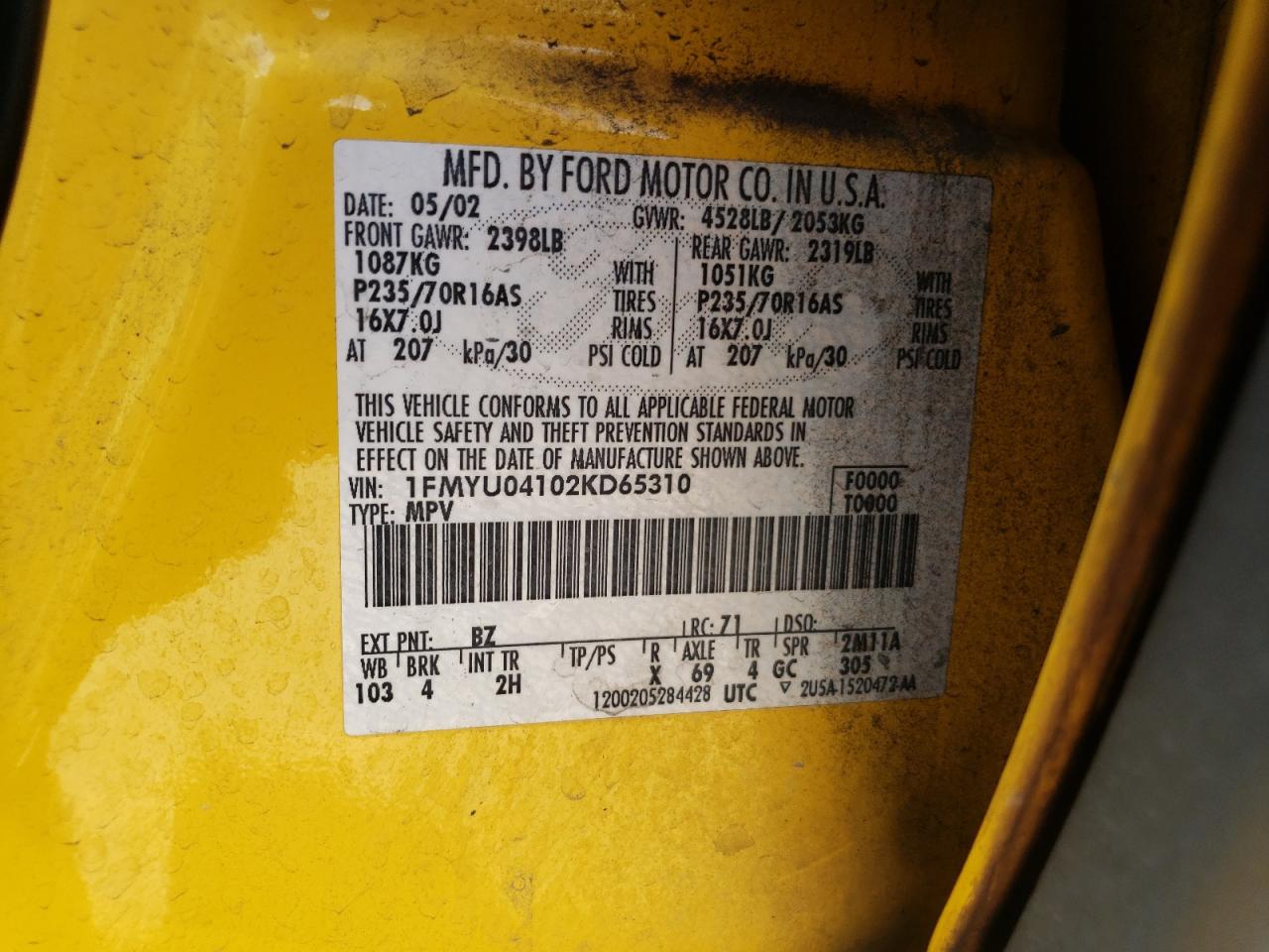 Photo 10 from auction – 2002 FORD ESCAPE XLT with VIN 1FMYU04102KD65310