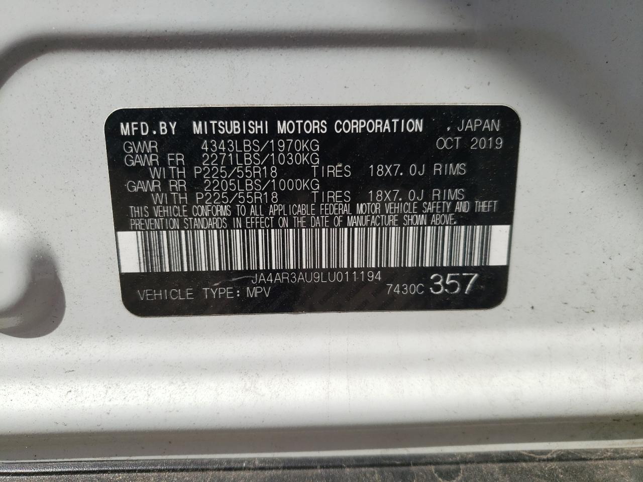 Photo 11 from auction – 2020 MITSUBISHI OUTLANDER with VIN JA4AR3AU9LU011194