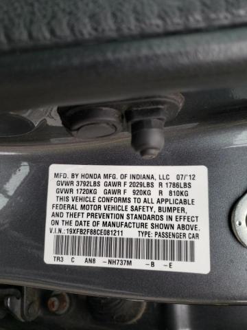 Photo 10 from auction – 2012 HONDA CIVIC EX with VIN 19XFB2F88CE081211