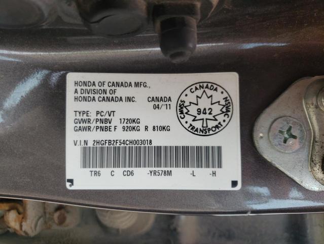 Photo 10 from auction – 2012 HONDA CIVIC LX with VIN 2HGFB2F54CH003018