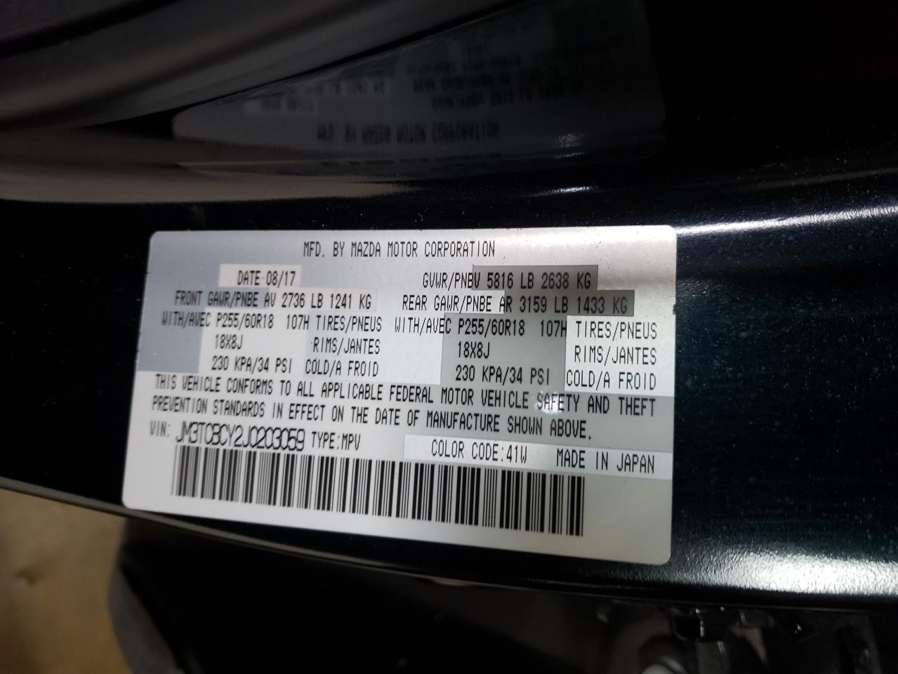 Photo 10 from auction – 2018 MAZDA CX-9 TOURI with VIN JM3TCBCY2J0203059