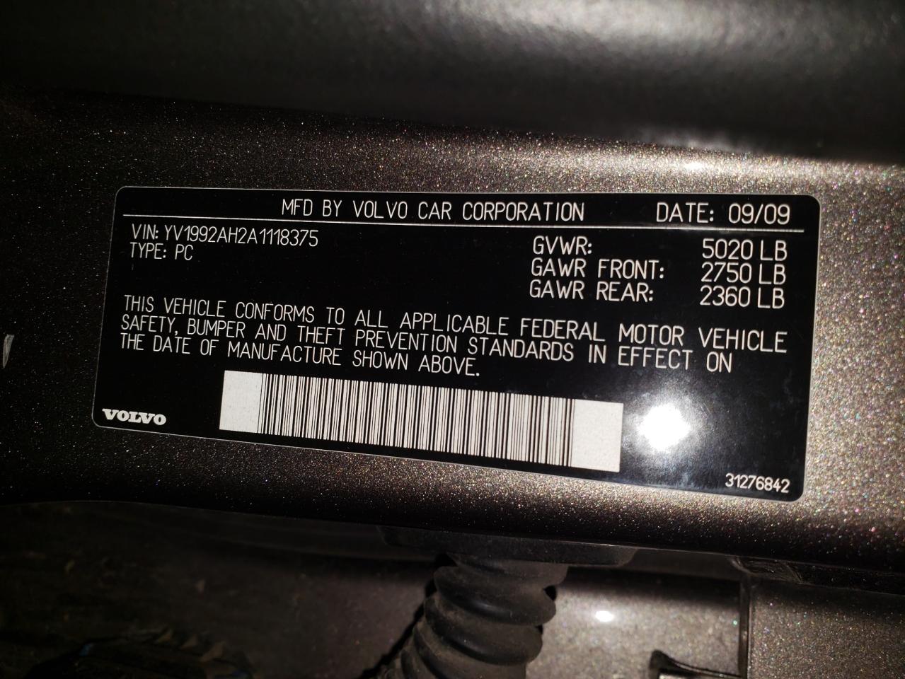Photo 10 from auction – 2010 VOLVO S80 T6 with VIN YV1992AH2A1118375