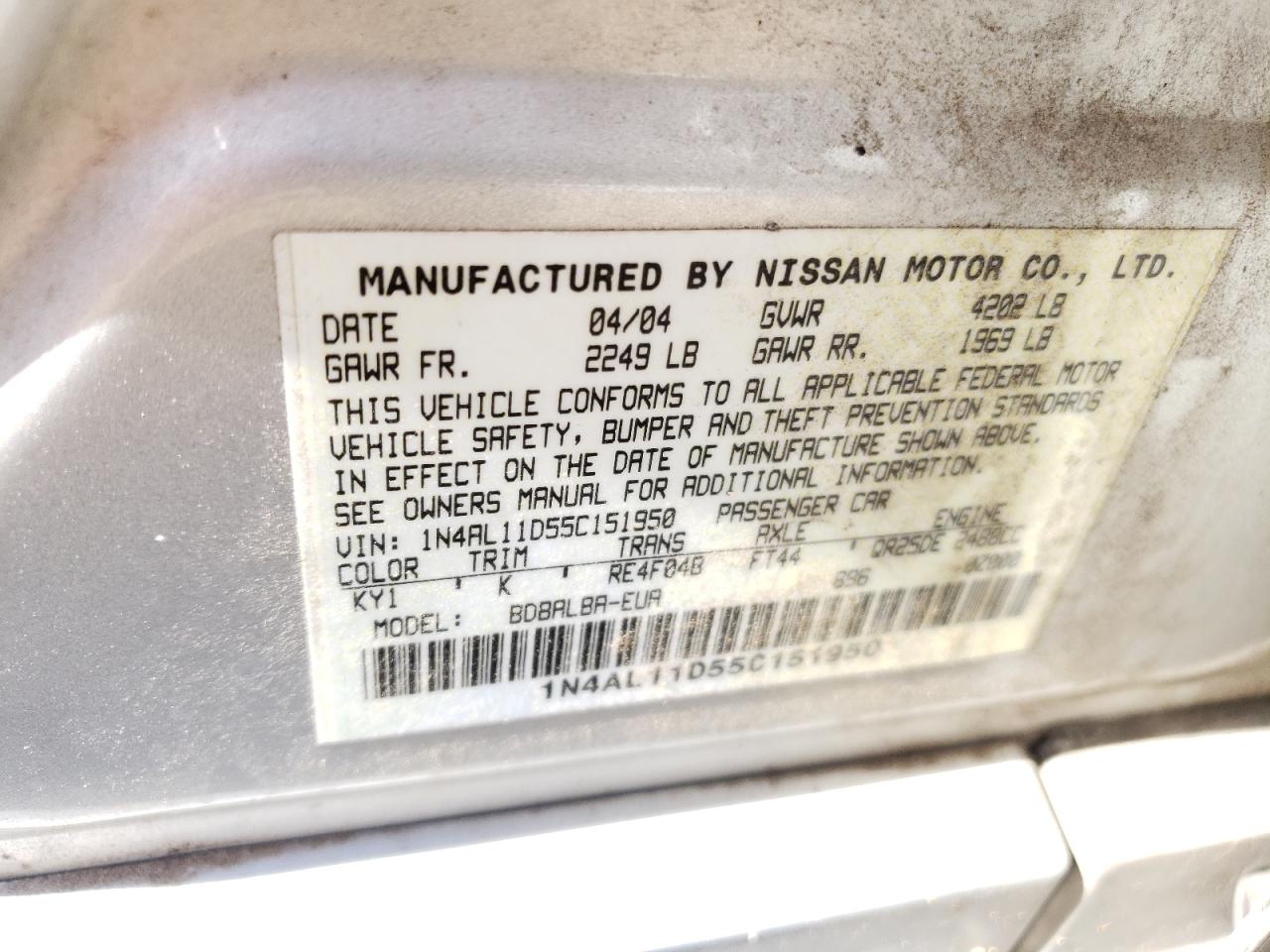 Photo 10 from auction – 2005 NISSAN ALTIMA S with VIN 1N4AL11D55C151950