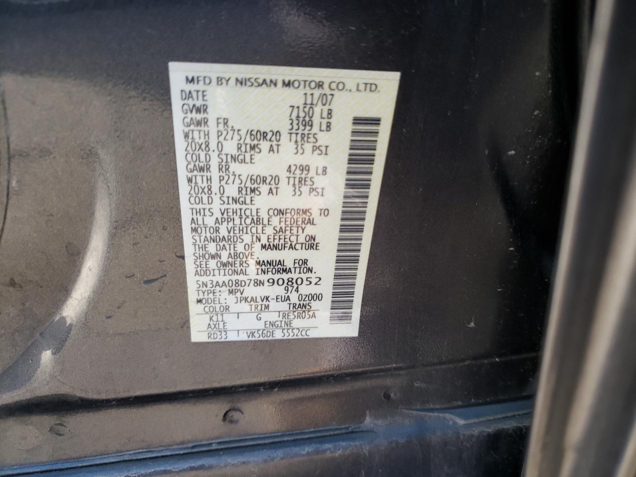 Photo 11 from auction – 2008 INFINITI QX56 with VIN 5N3AA08D78N908052