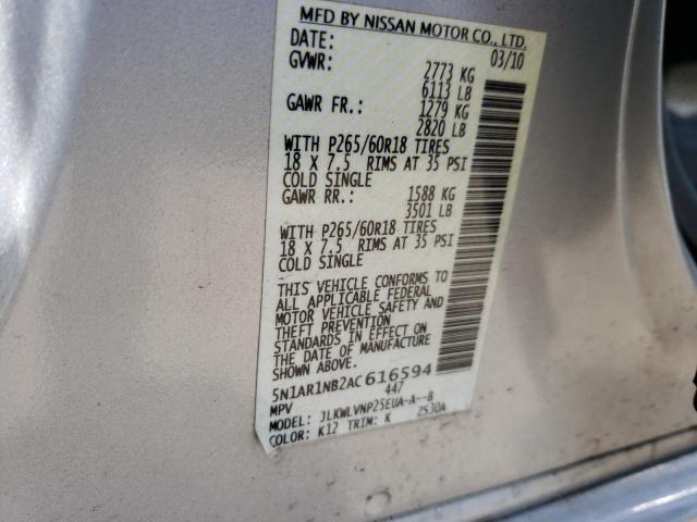 Photo 10 from auction – 2010 NISSAN PATHFINDER with VIN 5N1AR1NB2AC616594