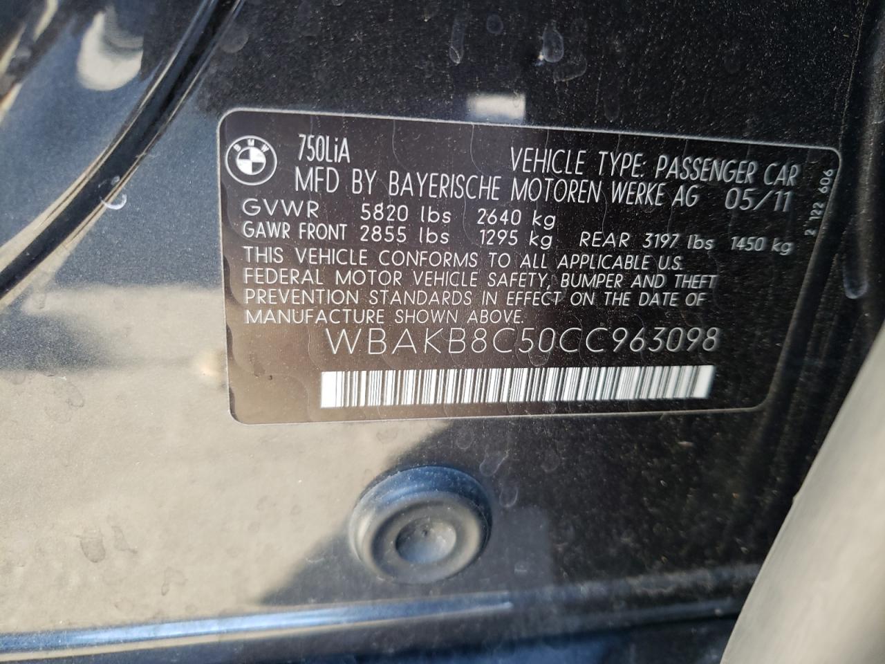 Photo 11 from auction – 2012 BMW 750 LI with VIN WBAKB8C50CC963098
