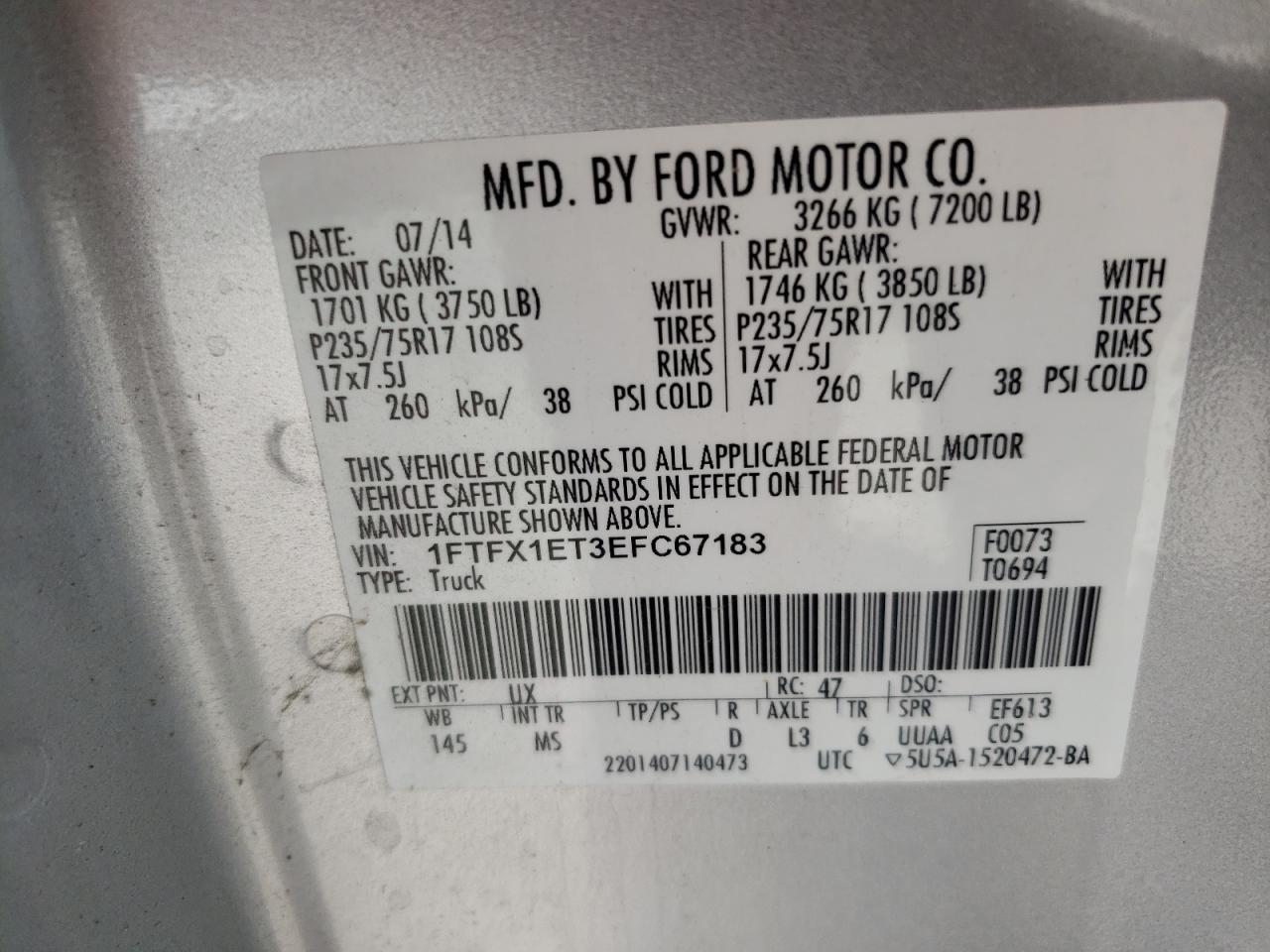 Photo 10 from auction – 2014 FORD F150 SUPER with VIN 1FTFX1ET3EFC67183