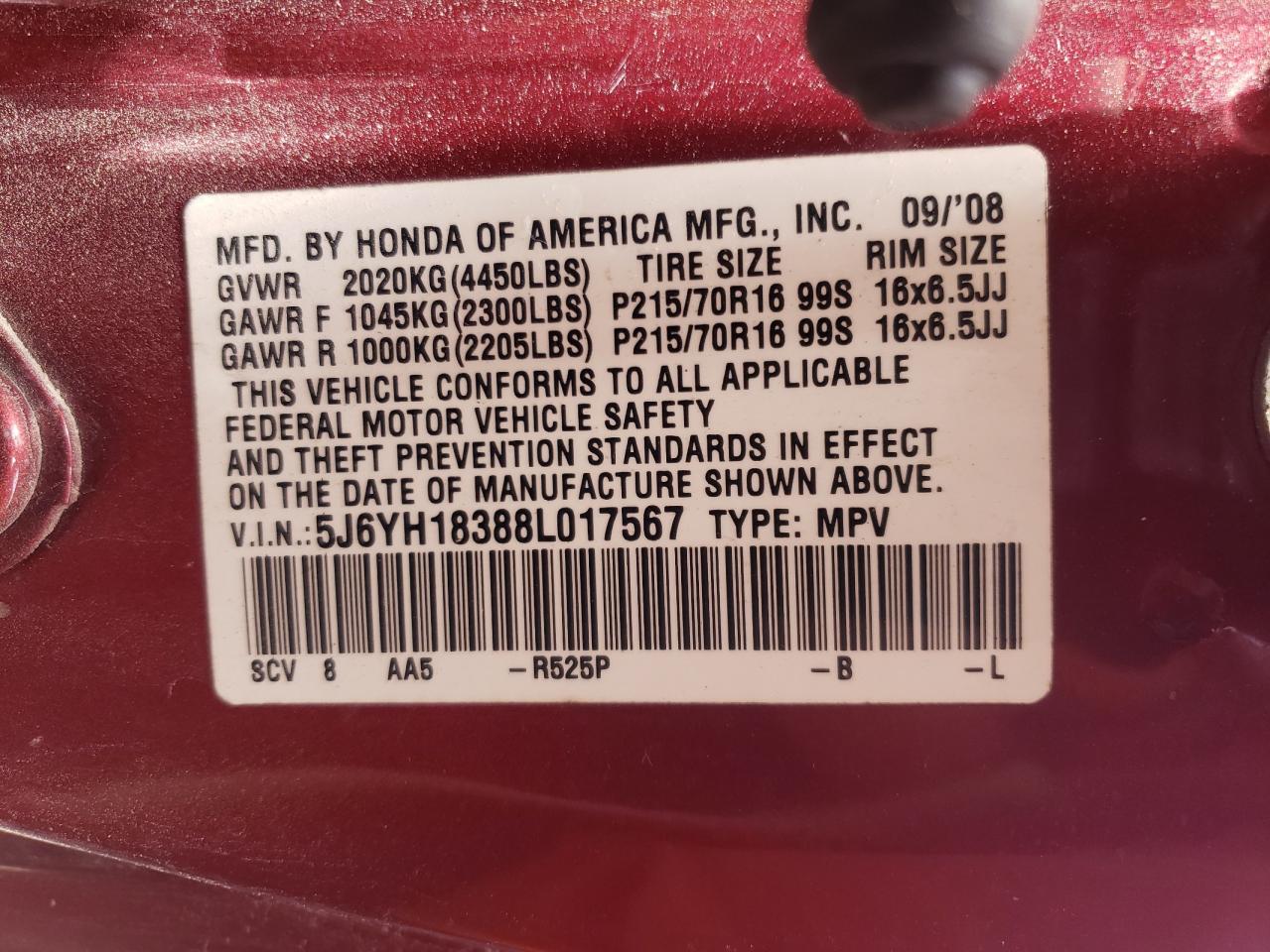 Photo 10 from auction – 2008 HONDA ELEMENT LX with VIN 5J6YH18388L017567