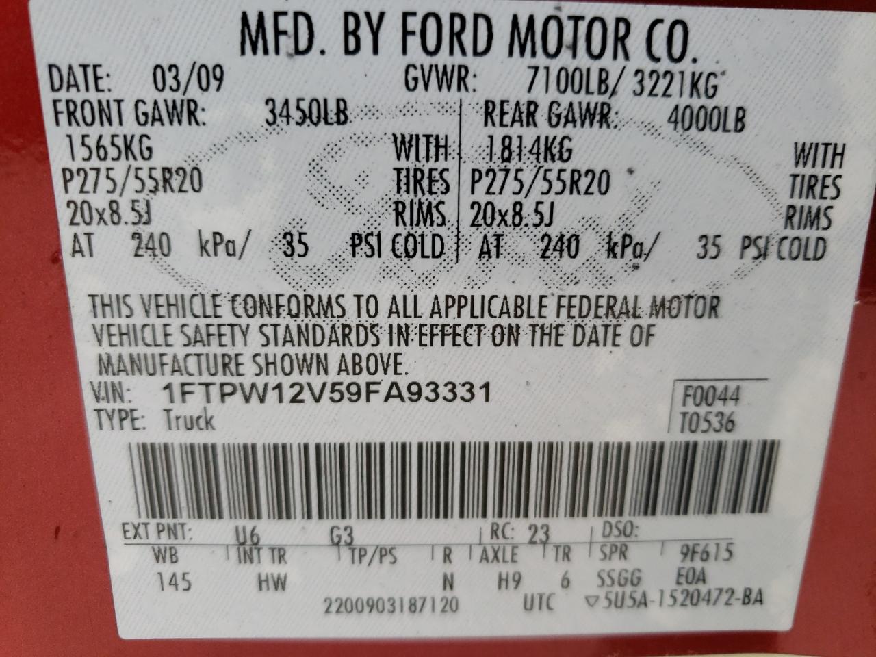 Photo 10 from auction – 2009 FORD F150 SUPER with VIN 1FTPW12V59FA93331