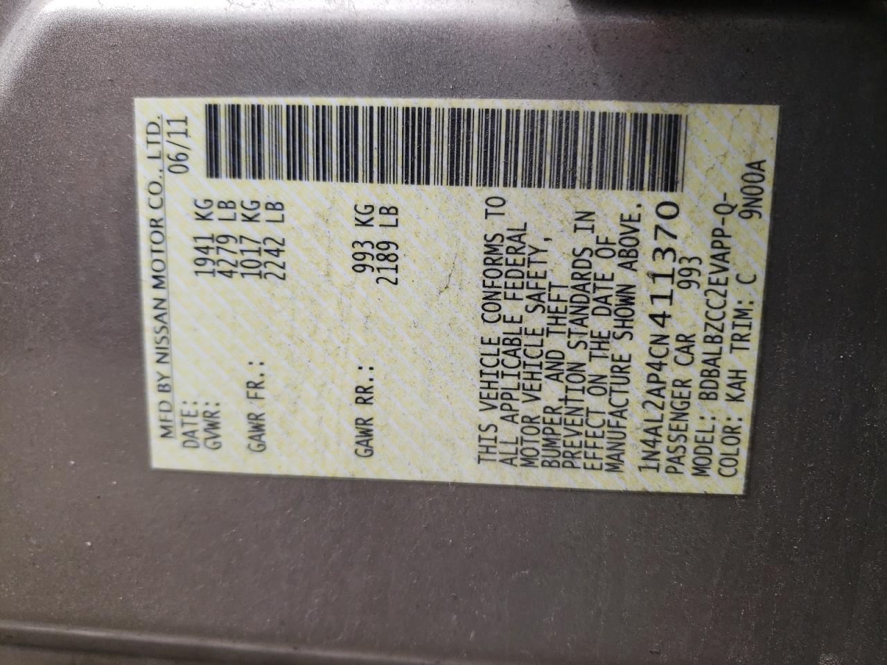 Photo 10 from auction – 2012 NISSAN ALTIMA BAS with VIN 1N4AL2AP4CN411370
