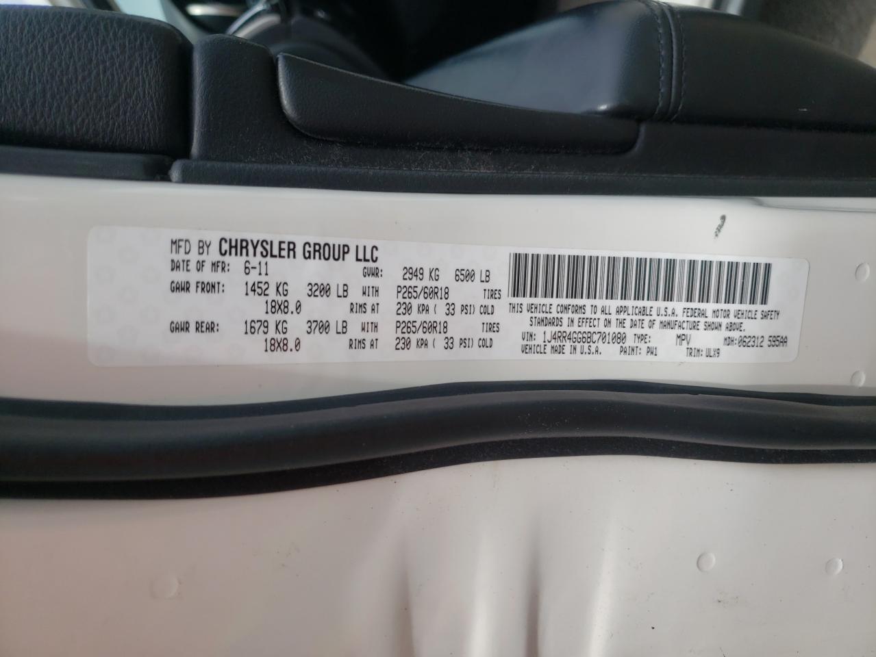 Photo 10 from auction – 2011 JEEP GRAND CHER with VIN 1J4RR4GG6BC701080