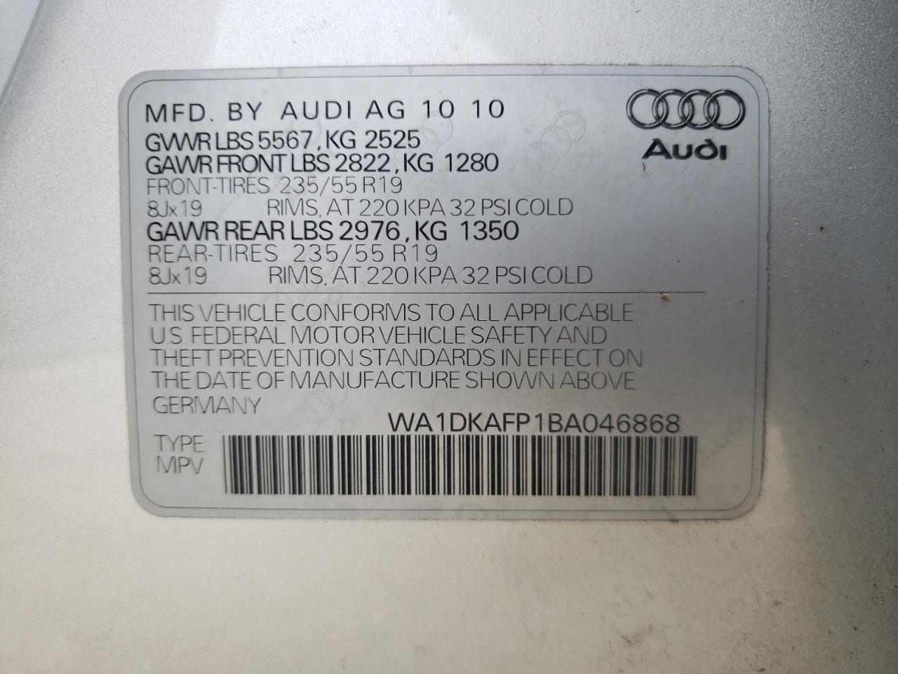 Photo 10 from auction – 2011 AUDI Q5 PREMIUM with VIN WA1DKAFP1BA046868