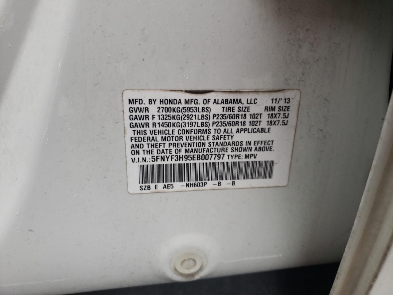 Photo 11 from auction – 2014 HONDA PILOT TOUR with VIN 5FNYF3H95EB007797