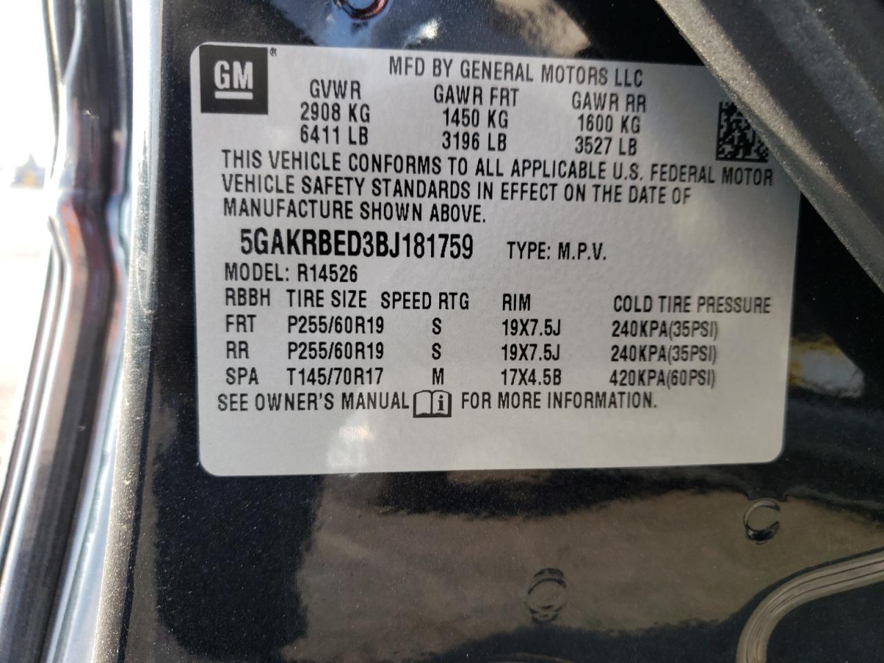 Photo 11 from auction – 2011 BUICK ENCLAVE CX with VIN 5GAKRBED3BJ181759