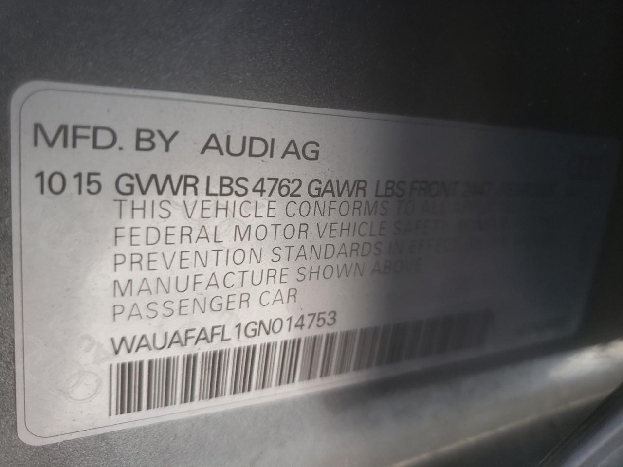 Photo 10 from auction – 2016 AUDI A4 PREMIUM with VIN WAUAFAFL1GN014753