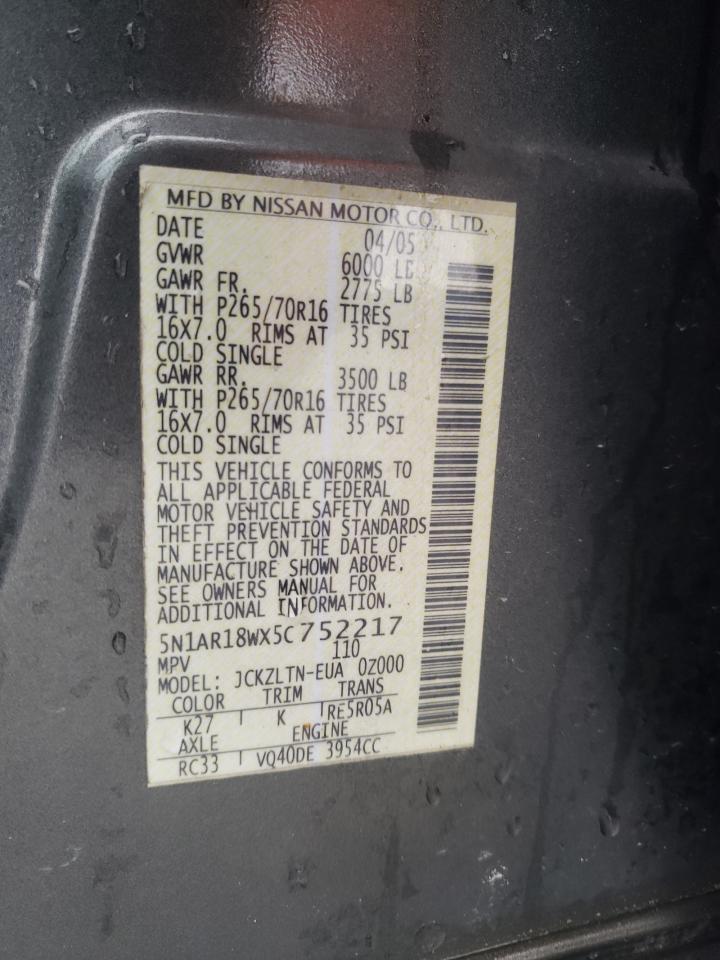 Photo 10 from auction – 2005 NISSAN PATHFINDER with VIN 5N1AR18WX5C752217