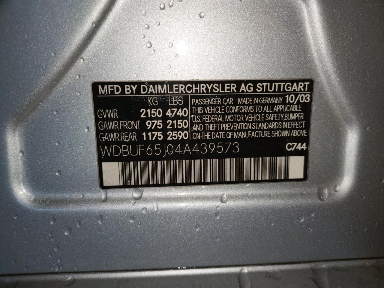 Photo 10 from auction – 2004 MERCEDES-BENZ E 320 with VIN WDBUF65J04A439573