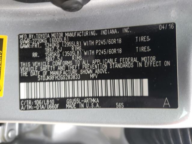 Photo 10 from auction – 2016 TOYOTA HIGHLANDER with VIN 5TDJKRFH2GS283833