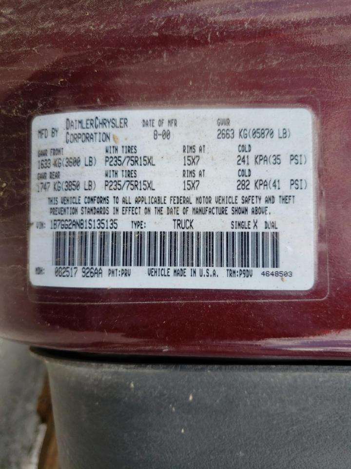 Photo 10 from auction – 2001 DODGE DAKOTA QUA with VIN 1B7GG2AN81S135135