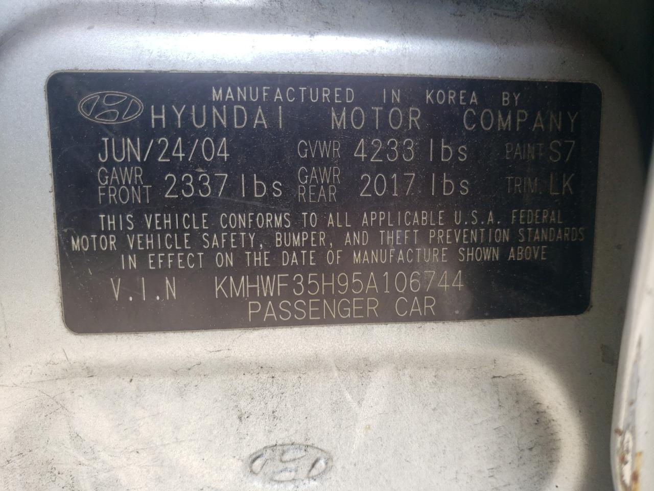 Photo 10 from auction – 2005 HYUNDAI SONATA GLS with VIN KMHWF35H95A106744