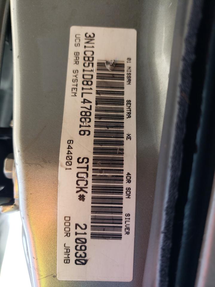Photo 10 from auction – 2001 NISSAN SENTRA XE with VIN 3N1CB51D81L478616