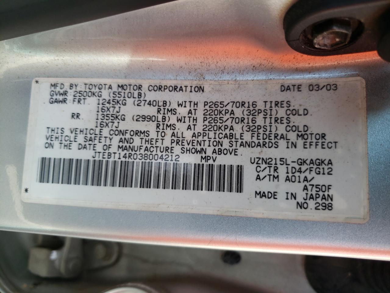 Photo 10 from auction – 2003 TOYOTA 4RUNNER SR with VIN JTEBT14R038004212