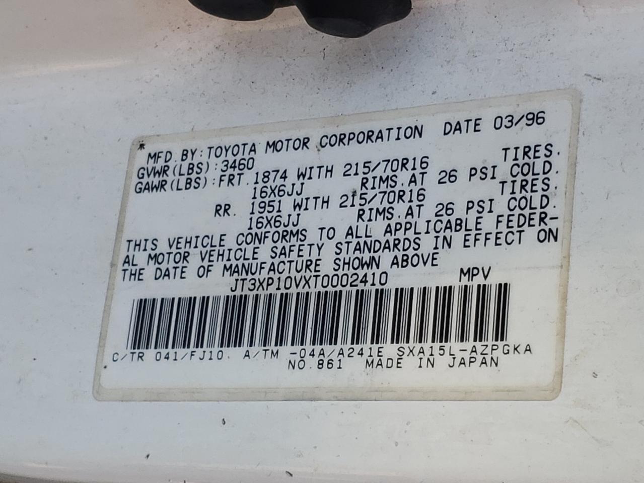 Photo 11 from auction – 1996 TOYOTA RAV4 with VIN JT3XP10VXT0002410