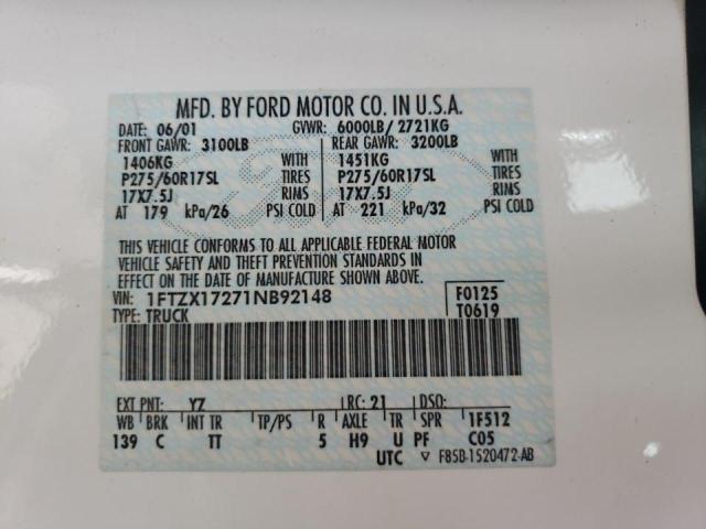 Photo 10 from auction – 2001 FORD F150 with VIN 1FTZX17271NB92148