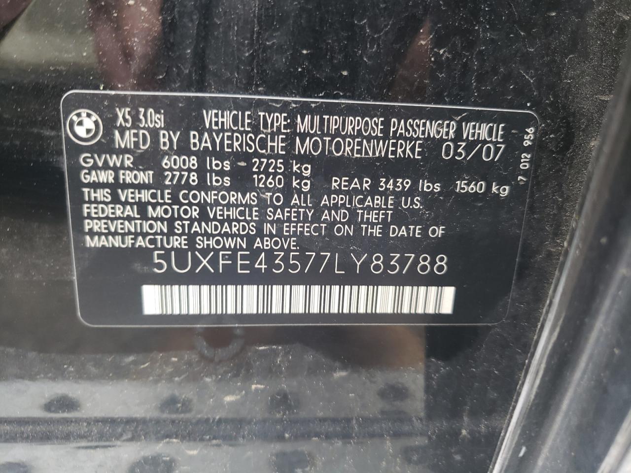 Photo 11 from auction – 2007 BMW X5 3.0I with VIN 5UXFE43577LY83788