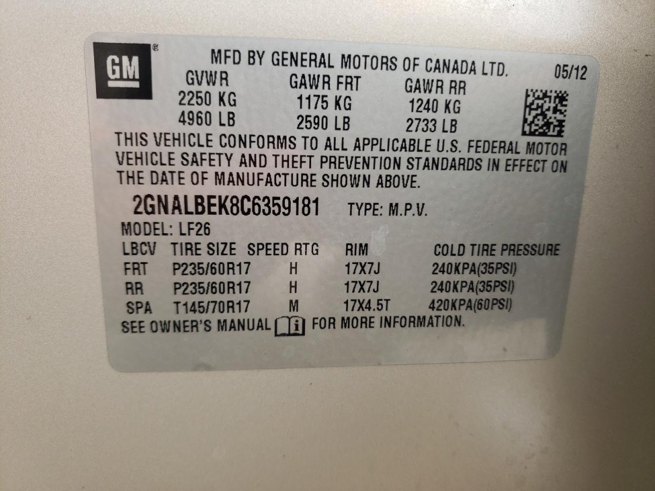 Photo 10 from auction – 2012 CHEVROLET EQUINOX LS with VIN 2GNALBEK8C6359181