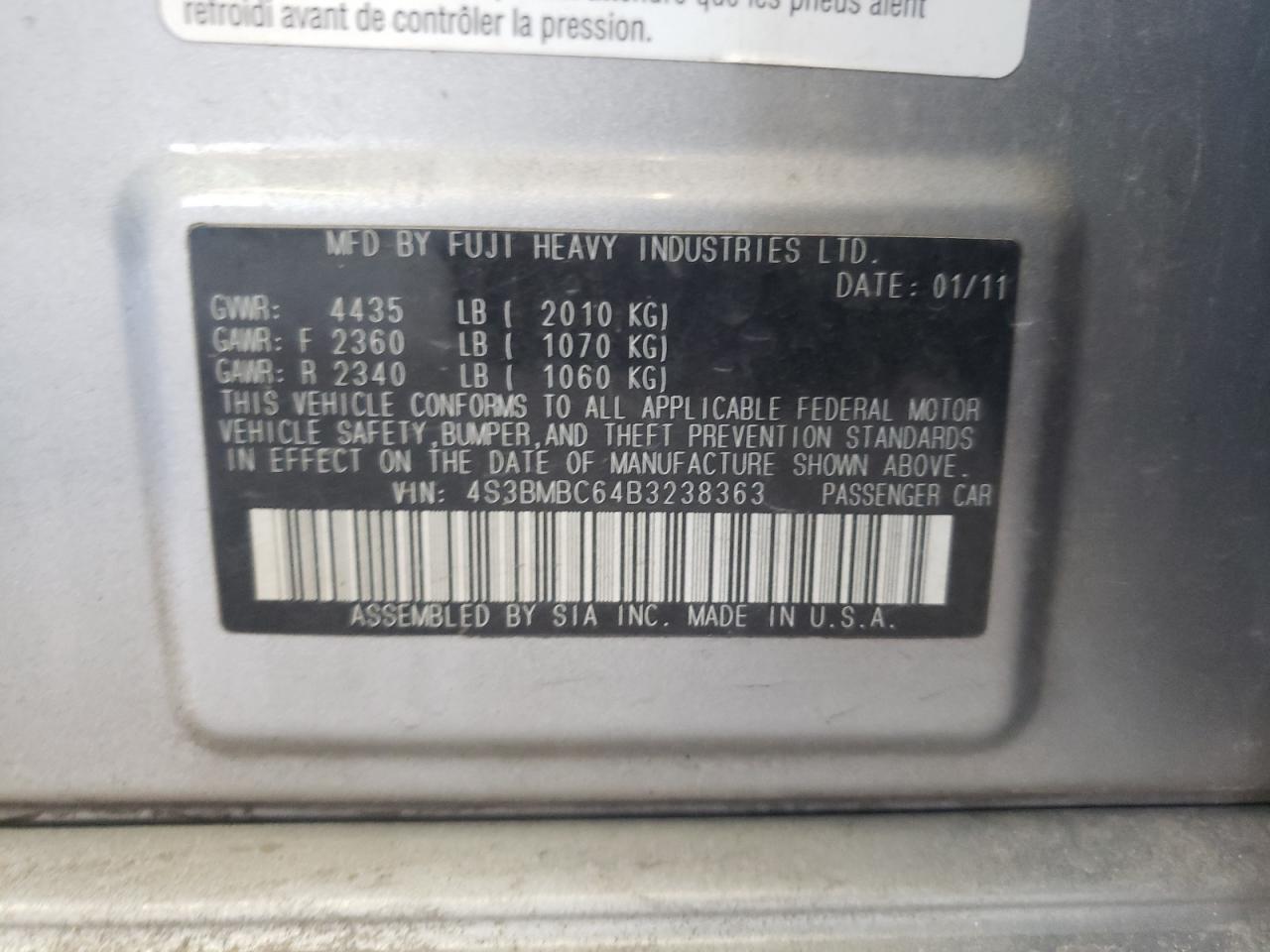 Photo 11 from auction – 2011 SUBARU LEGACY 2.5 with VIN 4S3BMBC64B3238363