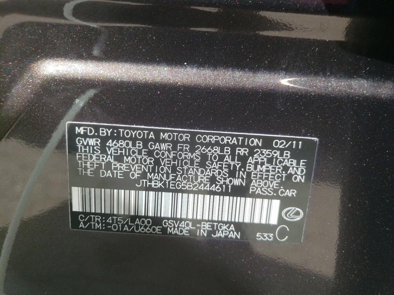 Photo 10 from auction – 2011 LEXUS ES 350 with VIN JTHBK1EG5B2444611
