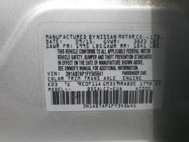 Photo 10 from auction – 2015 NISSAN SENTRA S with VIN 3N1AB7AP1FY345641
