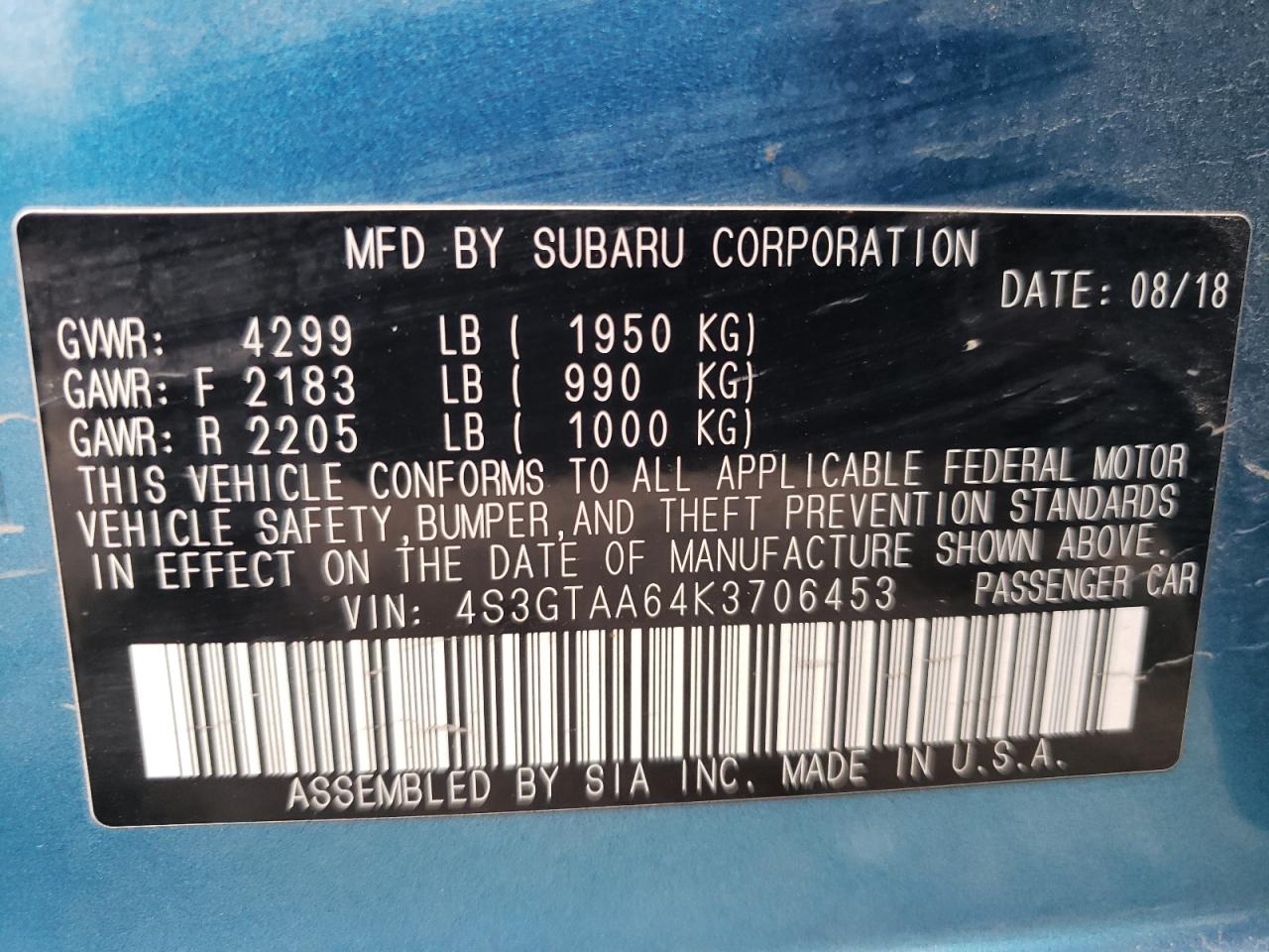 Photo 10 from auction – 2019 SUBARU IMPREZA with VIN 4S3GTAA64K3706453