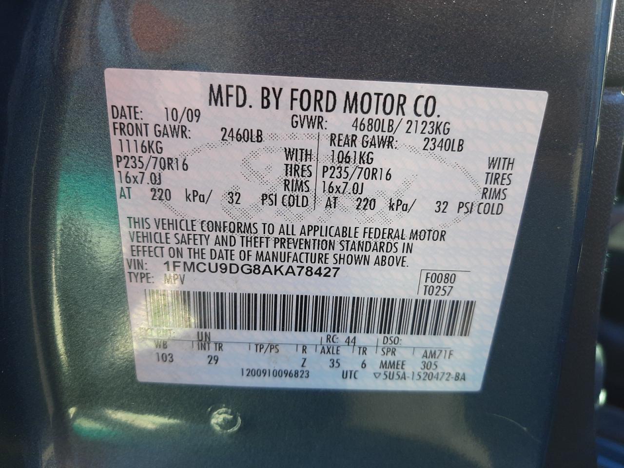 Photo 11 from auction – 2010 FORD ESCAPE XLT with VIN 1FMCU9DG8AKA78427