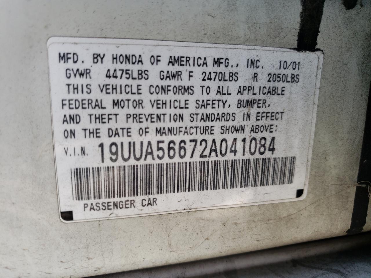 Photo 10 from auction – 2002 ACURA 3.2TL with VIN 19UUA56672A041084