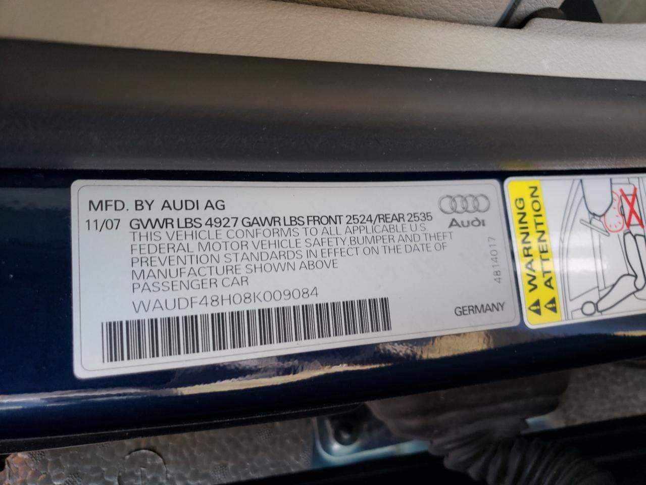 Photo 10 from auction – 2008 AUDI A4 2.0T CA with VIN WAUDF48H08K009084