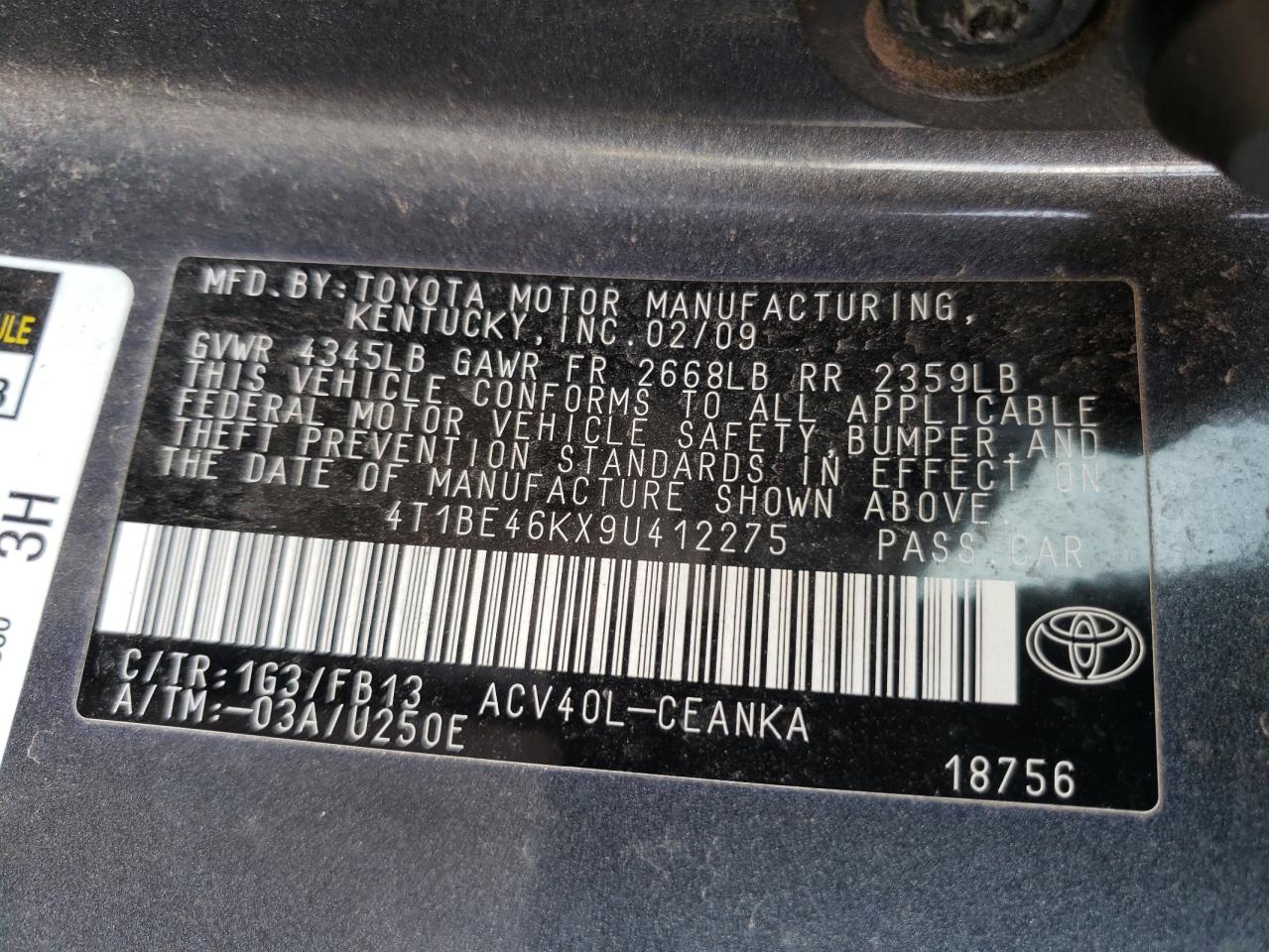 Photo 10 from auction – 2009 TOYOTA CAMRY BASE with VIN 4T1BE46KX9U412275
