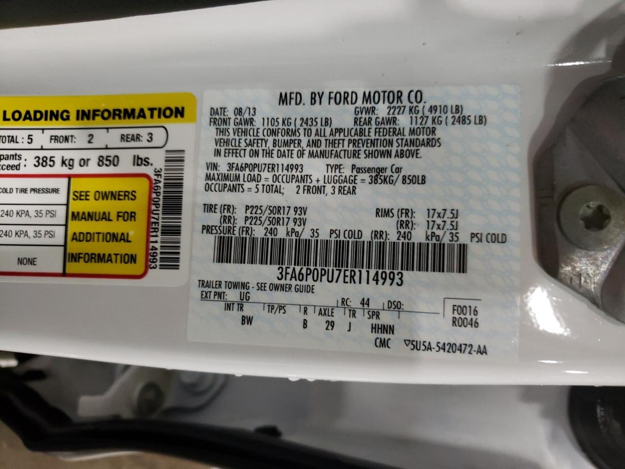 Photo 10 from auction – 2014 FORD FUSION SE with VIN 3FA6P0PU7ER114993