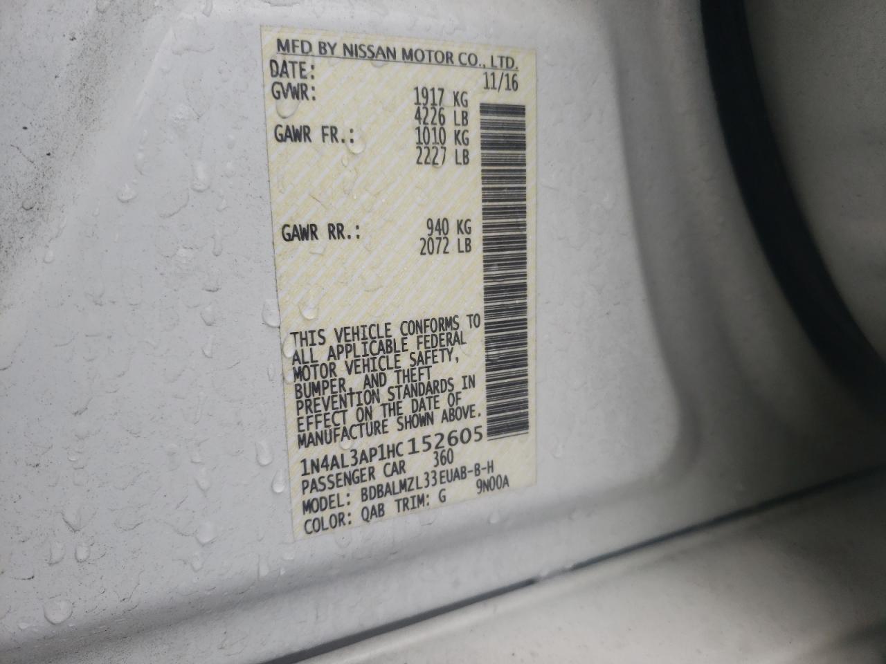 Photo 10 from auction – 2017 NISSAN ALTIMA 2.5 with VIN 1N4AL3AP1HC152605