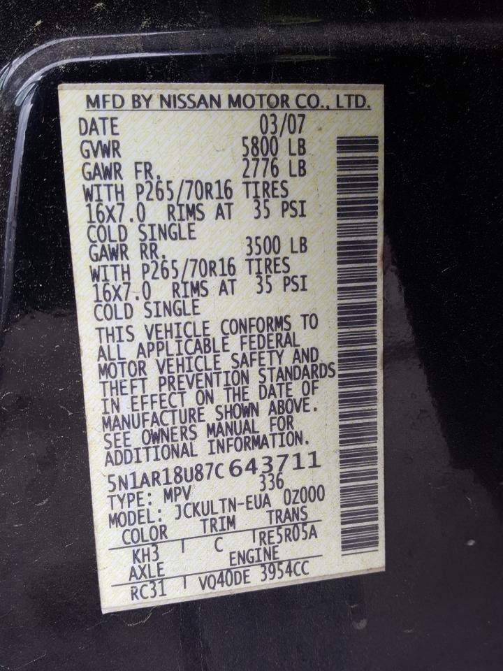 Photo 10 from auction – 2007 NISSAN PATHFINDER with VIN 5N1AR18U87C643711
