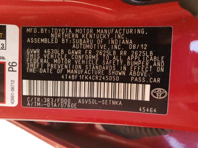 Photo 10 from auction – 2012 TOYOTA CAMRY BASE with VIN 4T4BF1FK4CR245050