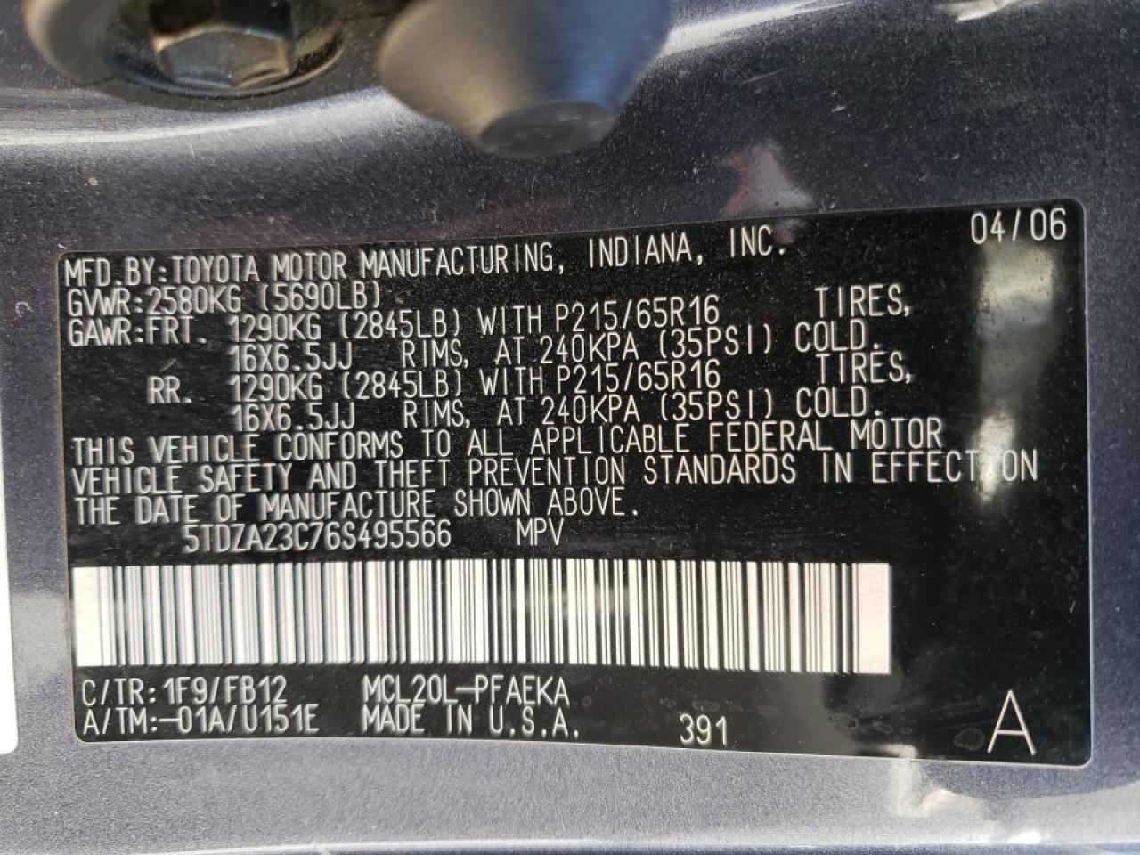 Photo 17 from auction – 2006 TOYOTA SIENNA CE with VIN 5TDZA23C76S495566