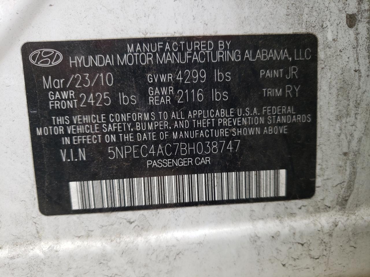 Photo 10 from auction – 2011 HYUNDAI SONATA SE with VIN 5NPEC4AC7BH038747