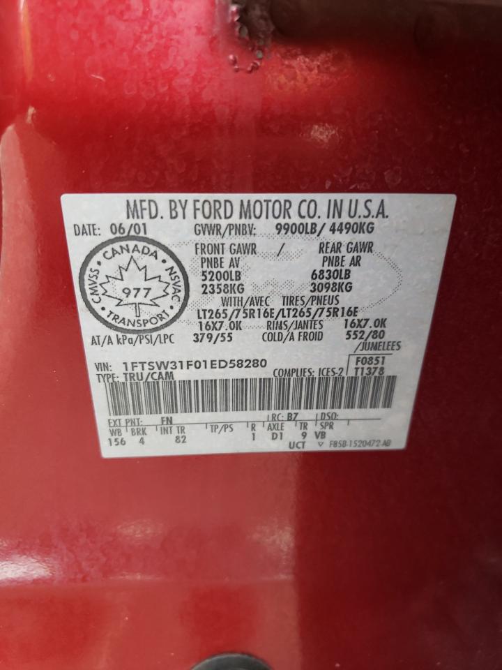 Photo 10 from auction – 2001 FORD F350 SRW S with VIN 1FTSW31F01ED58280